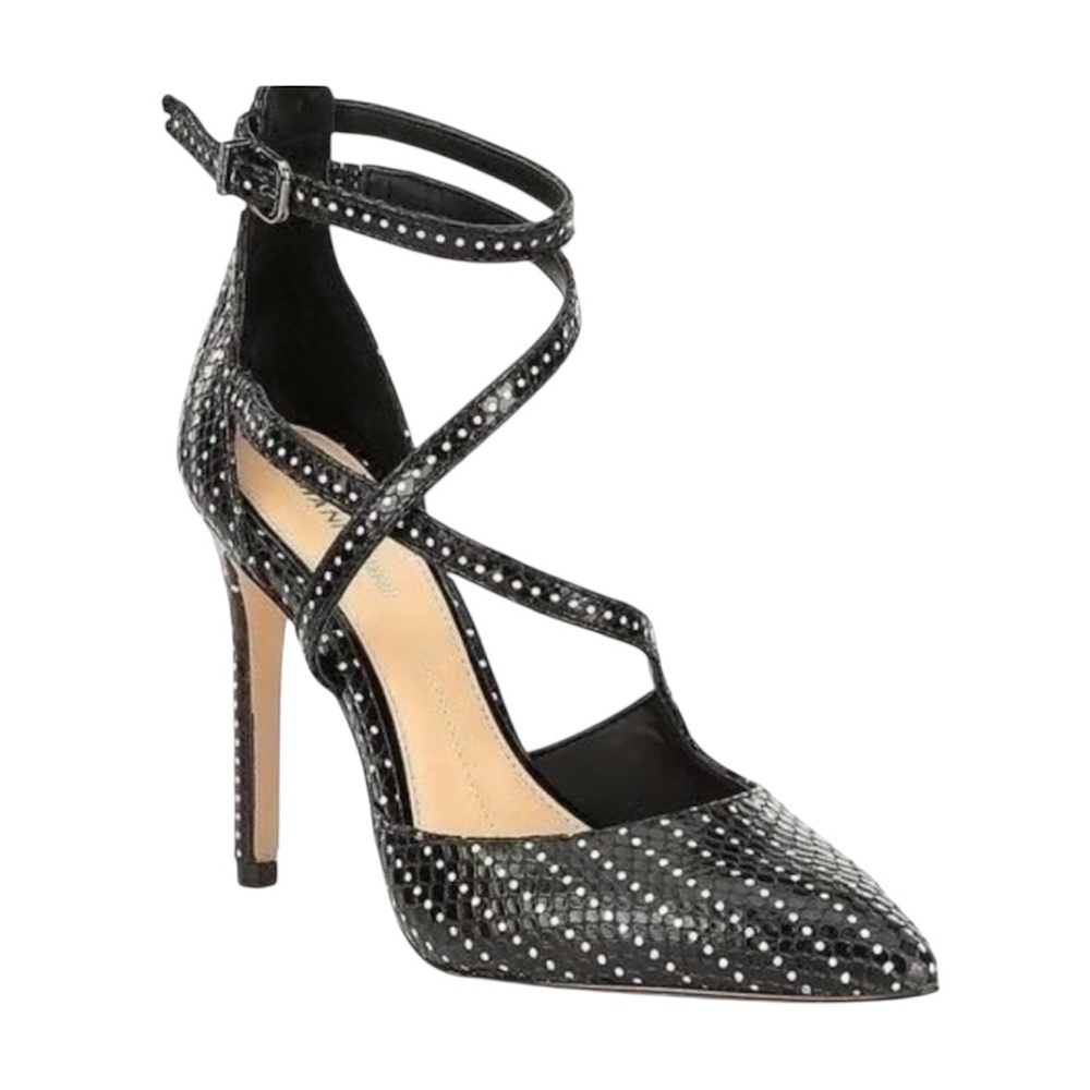 Black Studded Pointed-Toe Ankle-Strap Heels